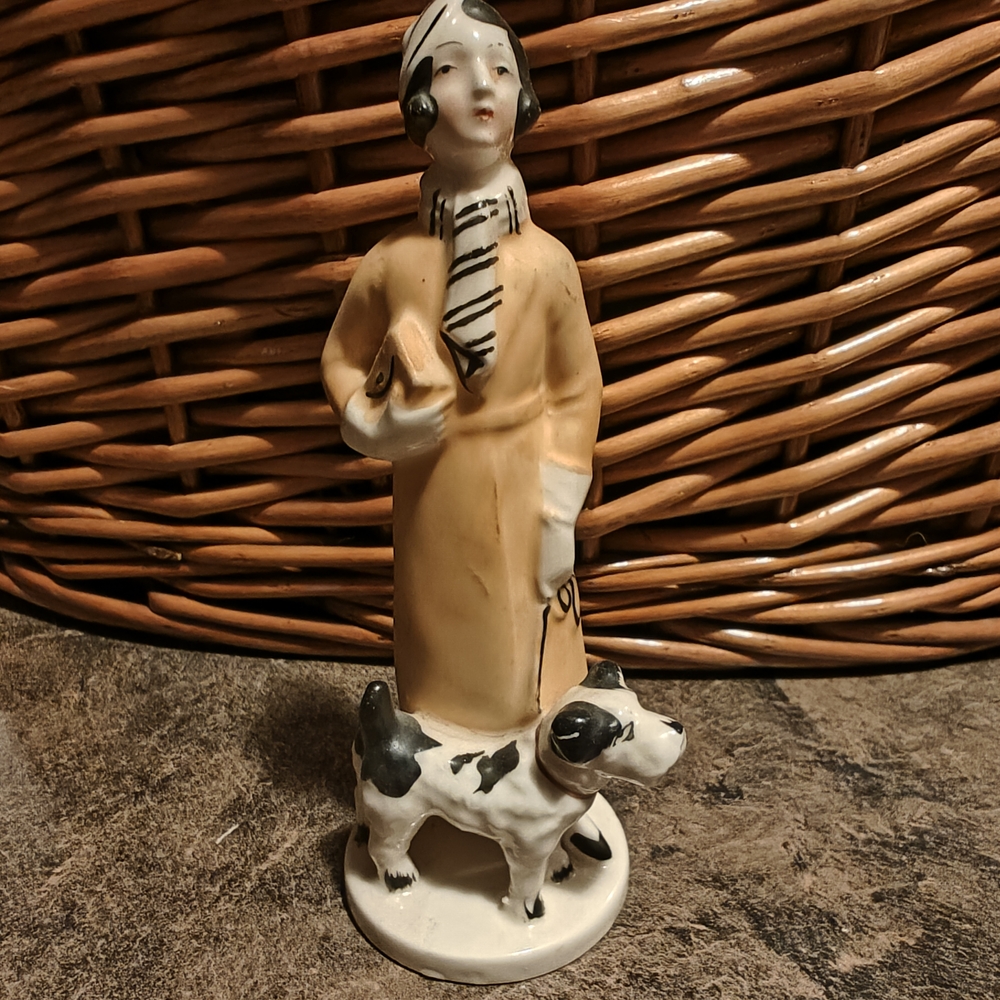 Vintage Art Deco Ceramic Figurine with Dog - Cream and Black
